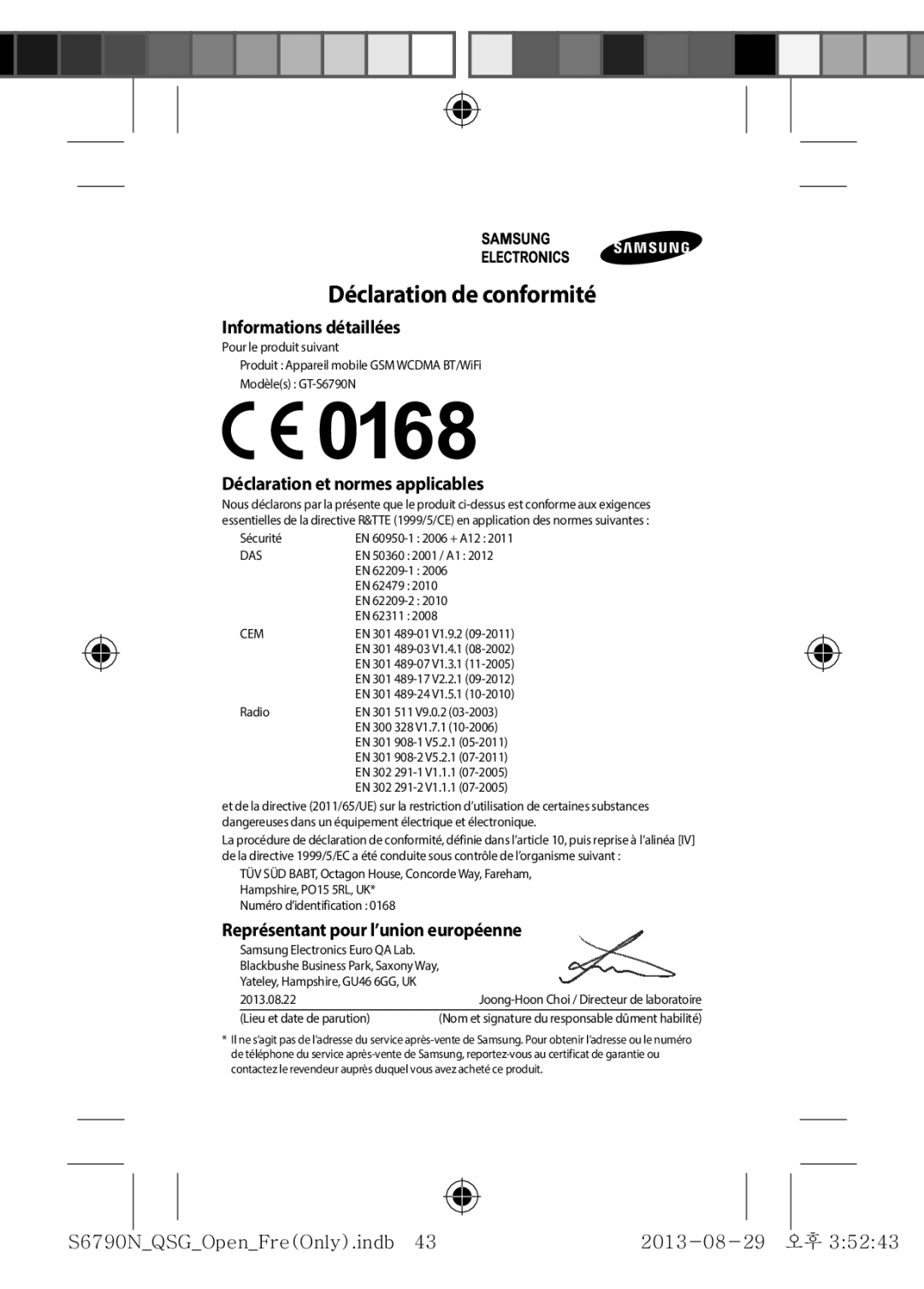 Samsung GT-S6790PWNXEF, GT-S6790MKNSFR, GT-S6790ZWYXEF, GT-S6790PWNSFR, GT-S6790MKNXEF manual Déclaration de conformité 