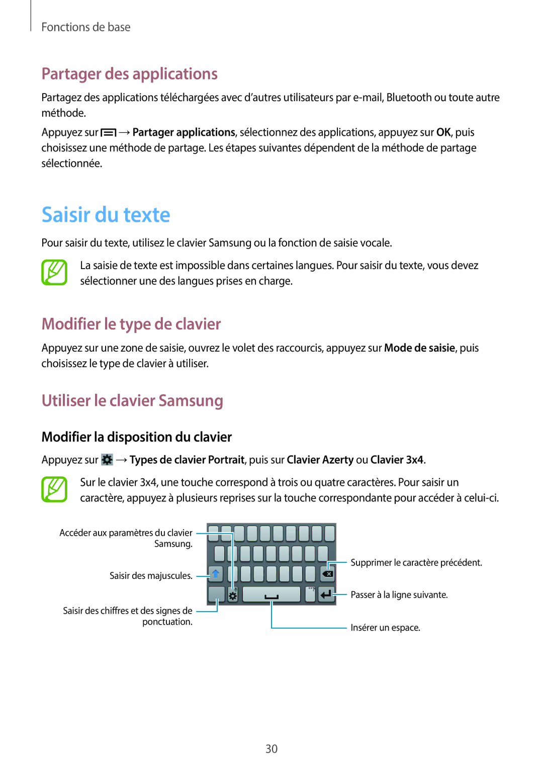 Samsung GT-S6790MKNSFR, GT-S6790ZWYXEF manual Saisir du texte, Partager des applications, Modifier le type de clavier 