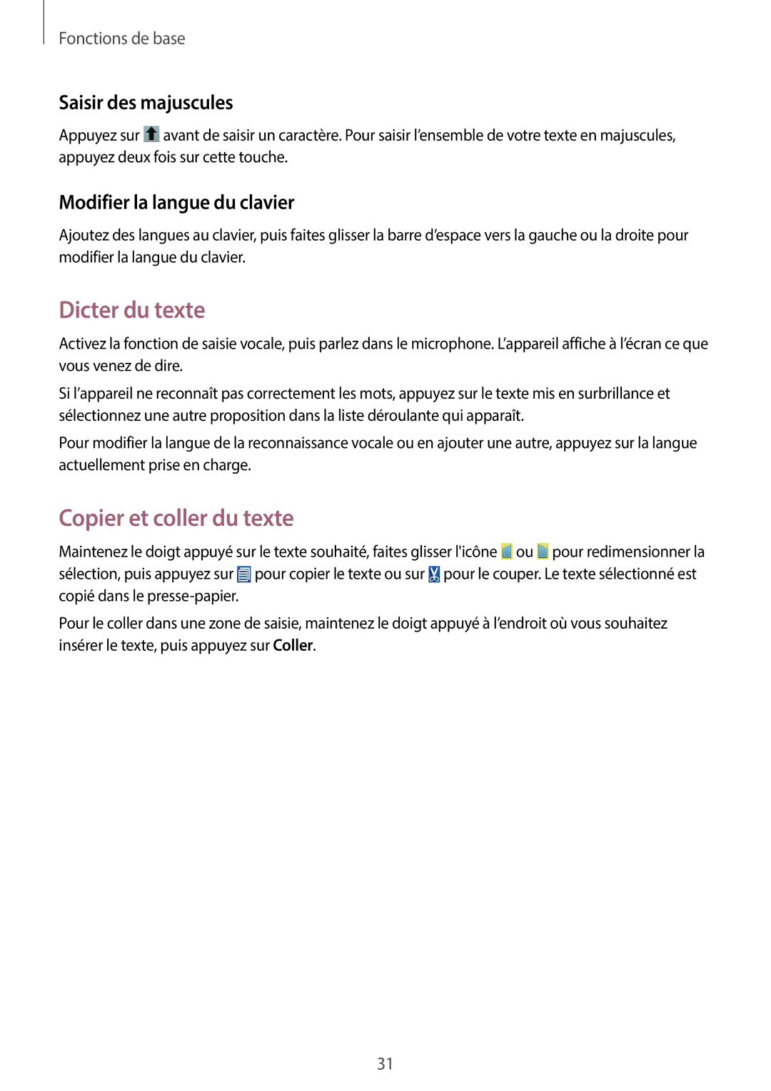 Samsung GT-S6790ZWYXEF Dicter du texte, Copier et coller du texte, Saisir des majuscules, Modifier la langue du clavier 