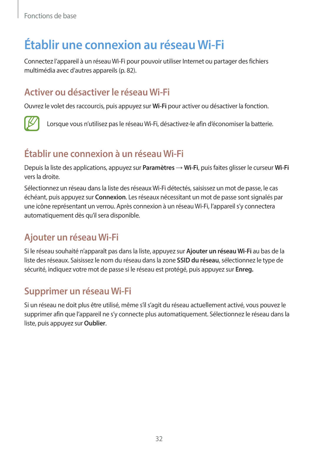 Samsung GT-S6790PWNSFR, GT-S6790MKNSFR manual Établir une connexion au réseau Wi-Fi, Activer ou désactiver le réseau Wi-Fi 