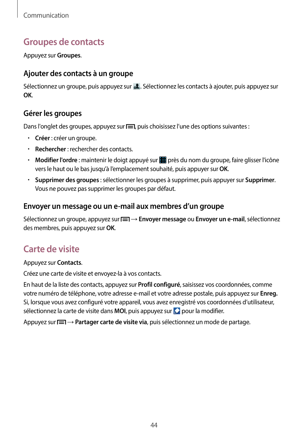 Samsung GT-S6790PWNXEF manual Groupes de contacts, Carte de visite, Ajouter des contacts à un groupe, Gérer les groupes 