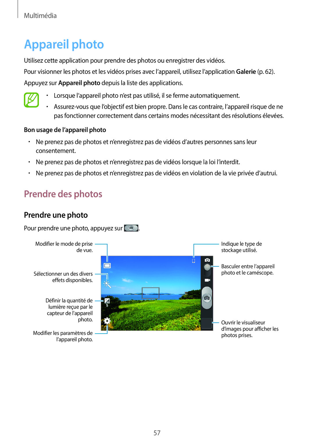 Samsung GT-S6790PWNSFR manual Appareil photo, Prendre des photos, Prendre une photo, Bon usage de l’appareil photo 