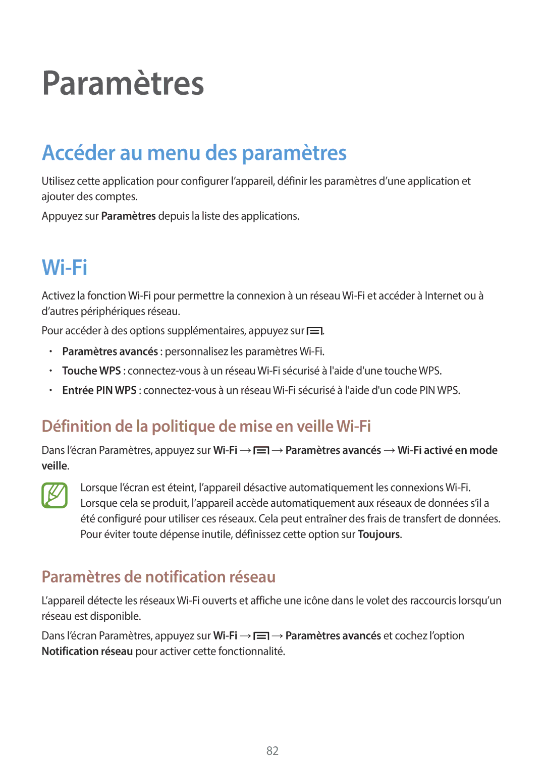 Samsung GT-S6790PWNSFR, GT-S6790MKNSFR manual Accéder au menu des paramètres, Wi-Fi, Paramètres de notification réseau 