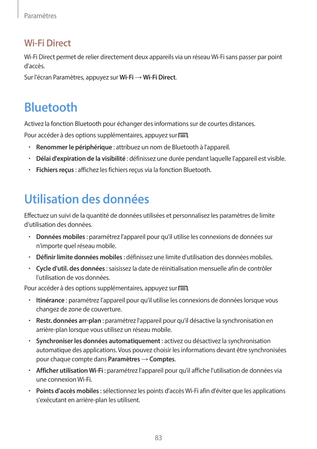 Samsung GT-S6790MKNXEF, GT-S6790MKNSFR, GT-S6790ZWYXEF, GT-S6790PWNSFR, GT-S6790PWNXEF Utilisation des données, Wi-Fi Direct 