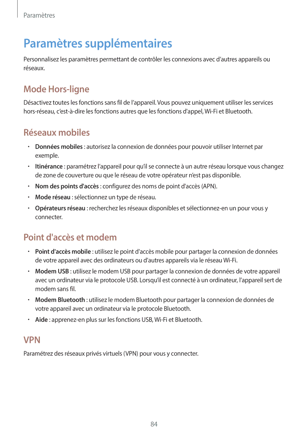Samsung GT-S6790PWNXEF, GT-S6790MKNSFR Paramètres supplémentaires, Mode Hors-ligne, Réseaux mobiles, Point daccès et modem 