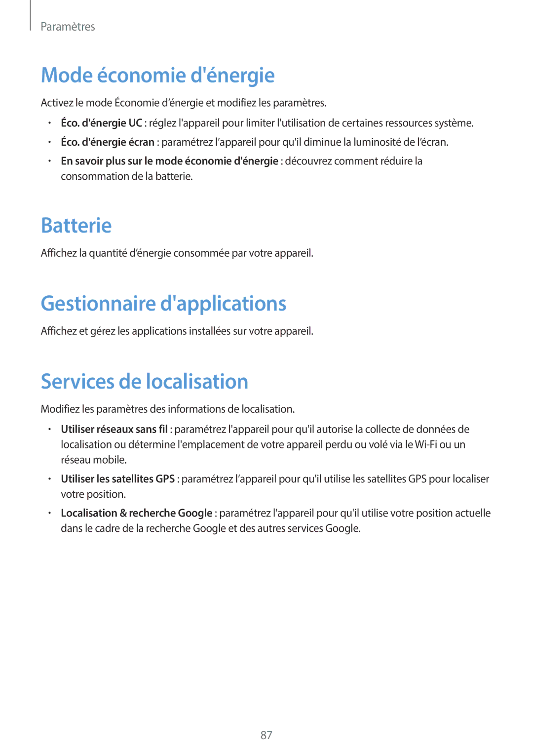 Samsung GT-S6790PWNSFR manual Mode économie dénergie, Batterie, Gestionnaire dapplications, Services de localisation 