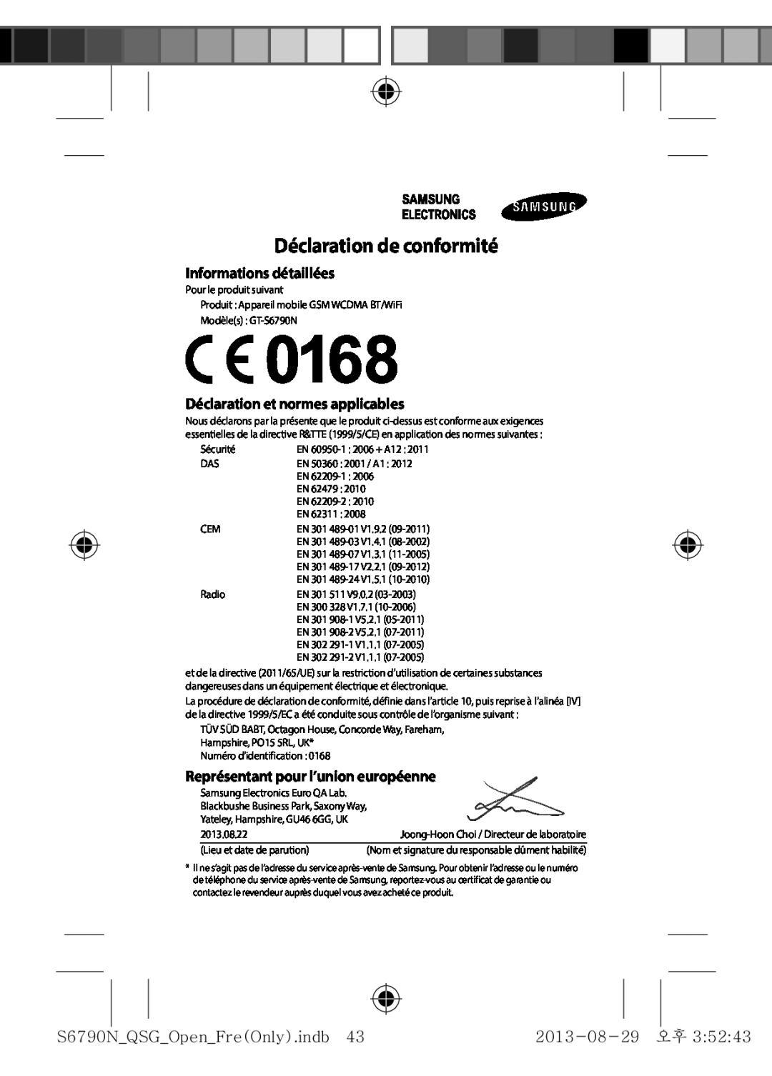 Samsung GT-S6790PWNXEF manual Déclaration de conformité, Informations détaillées, Déclaration et normes applicables 