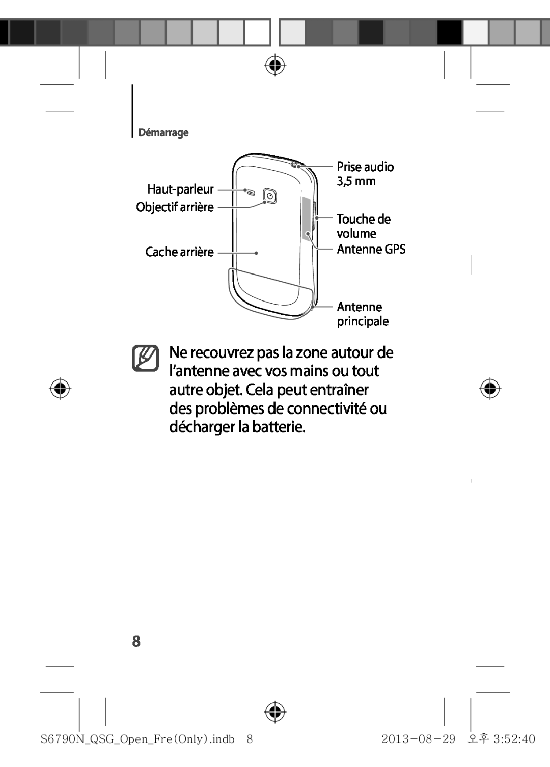 Samsung GT-S6790PWNXEF manual Haut-parleur, Objectif arrière Touche de volume, Cache arrière, Antenne principale, Démarrage 