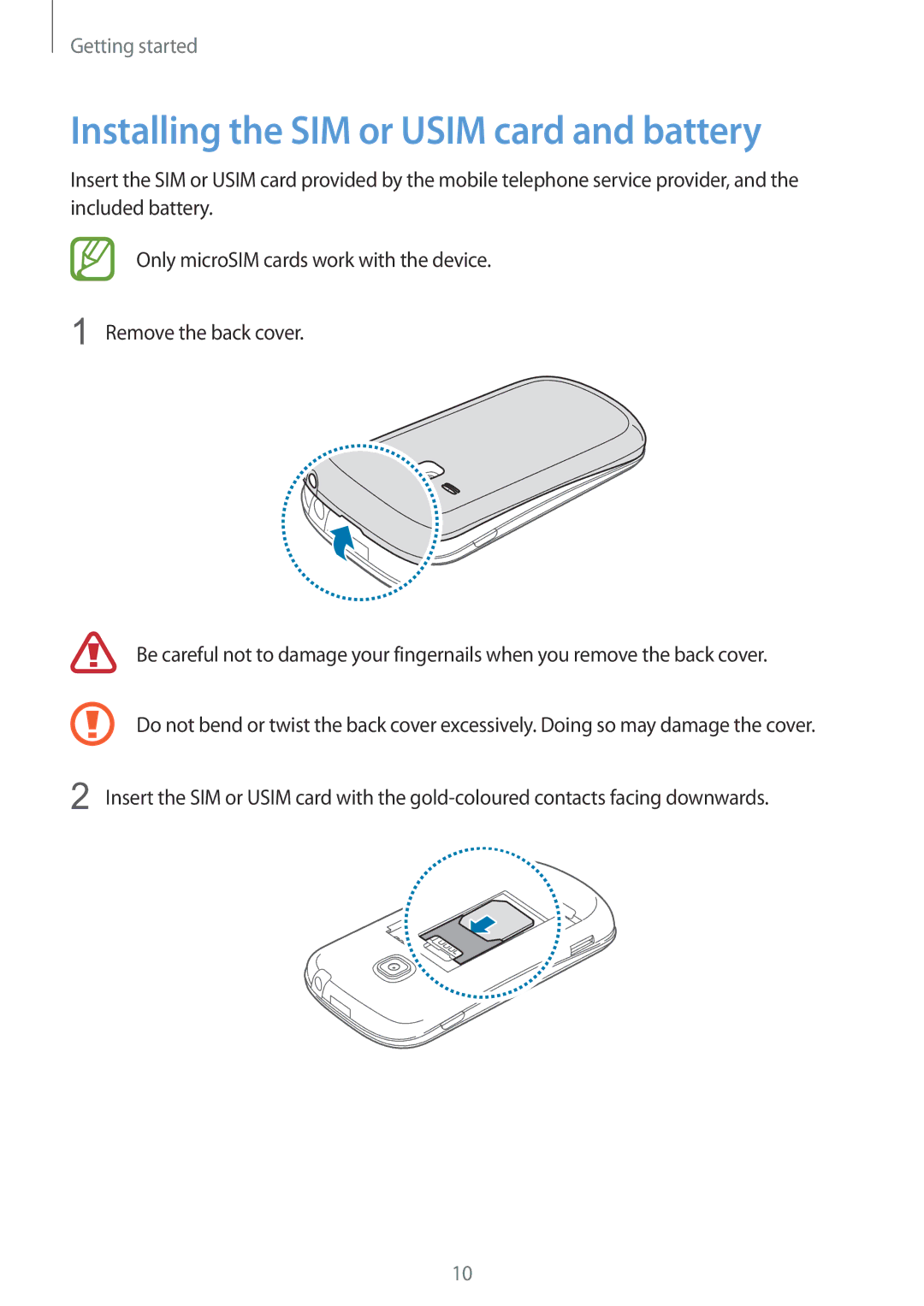 Samsung GT-S6790ZWZSER, GT-S6790PWASER, GT-S6790MKASER manual Installing the SIM or Usim card and battery 