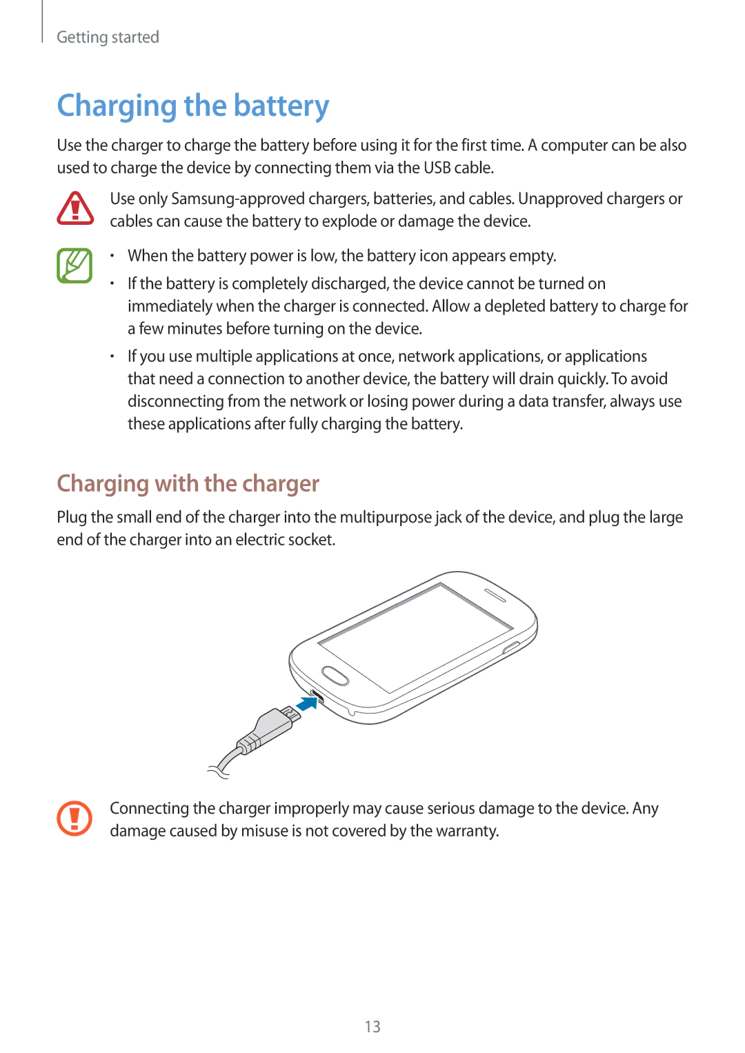 Samsung GT-S6790ZWZSER, GT-S6790PWASER, GT-S6790MKASER manual Charging the battery, Charging with the charger 