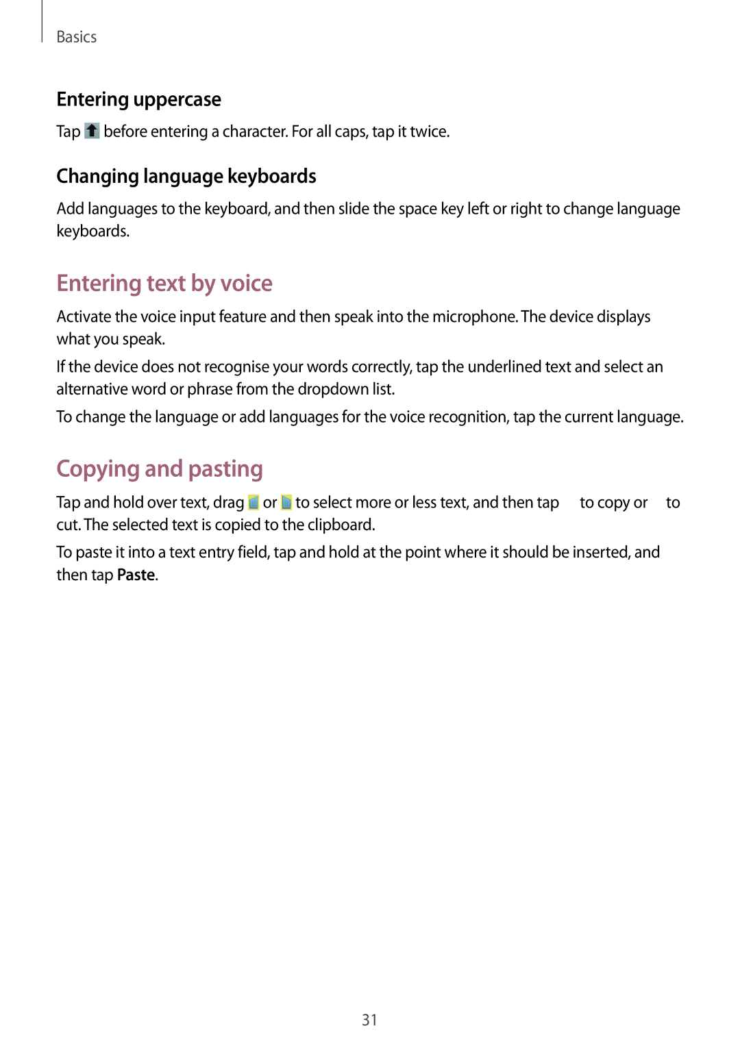 Samsung GT-S6790ZWZSER manual Entering text by voice, Copying and pasting, Entering uppercase, Changing language keyboards 