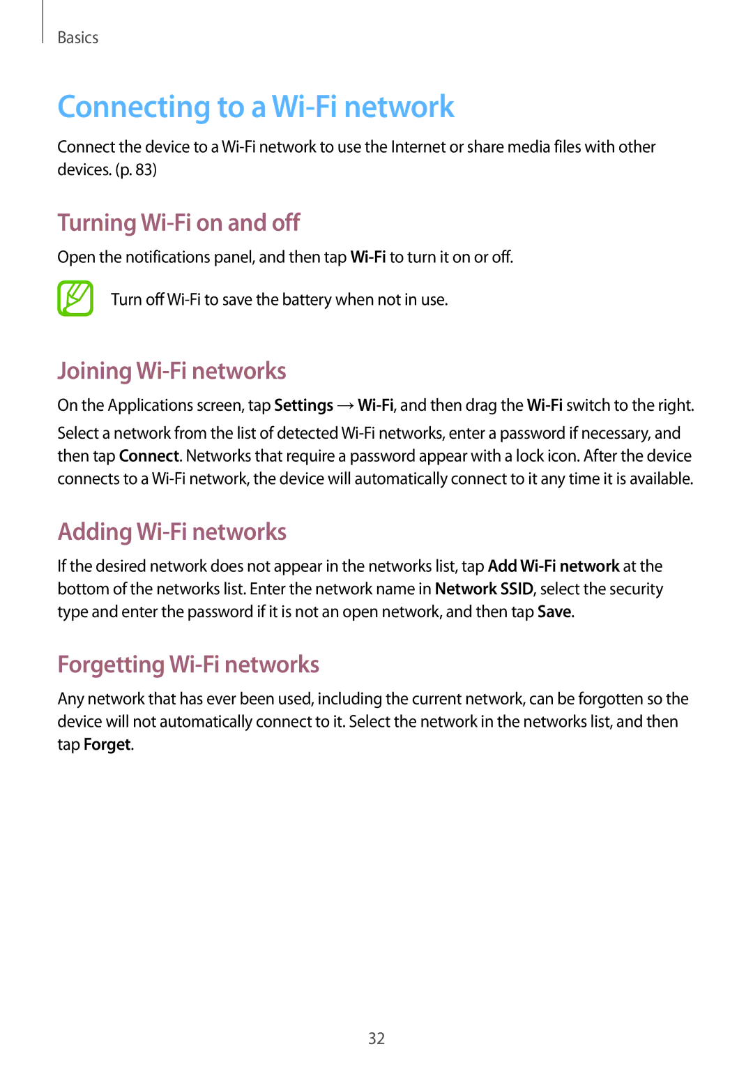 Samsung GT-S6790MKASER, GT-S6790PWASER Connecting to a Wi-Fi network, Turning Wi-Fi on and off, Joining Wi-Fi networks 