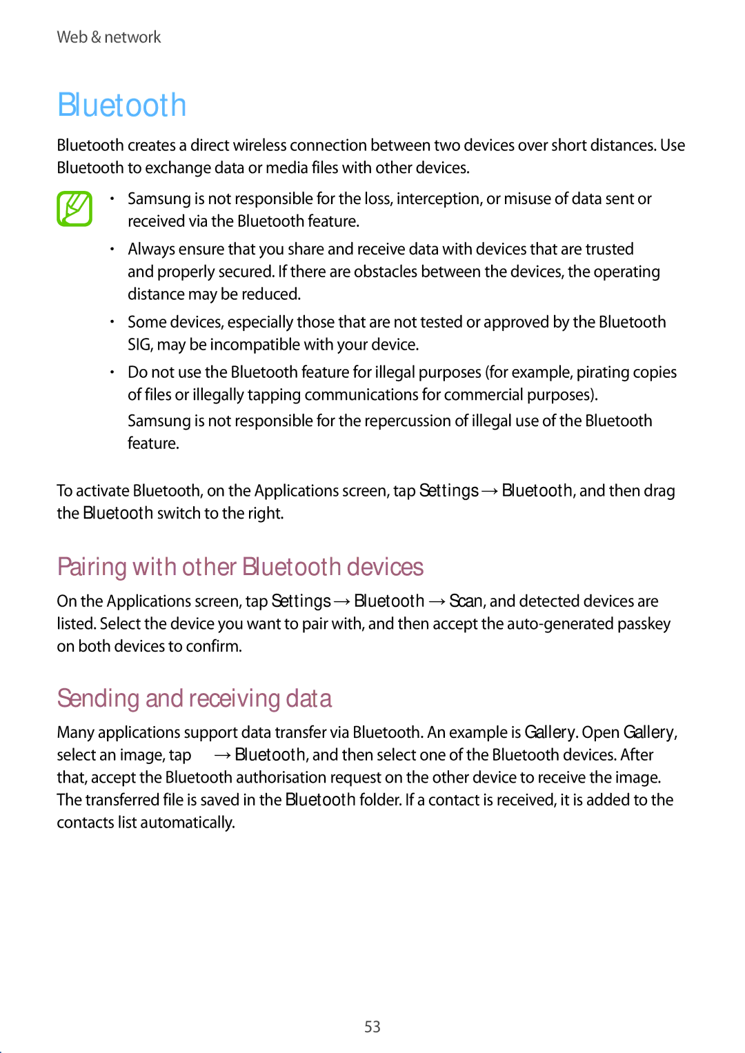 Samsung GT-S6790MKASER, GT-S6790PWASER, GT-S6790ZWZSER Pairing with other Bluetooth devices, Sending and receiving data 