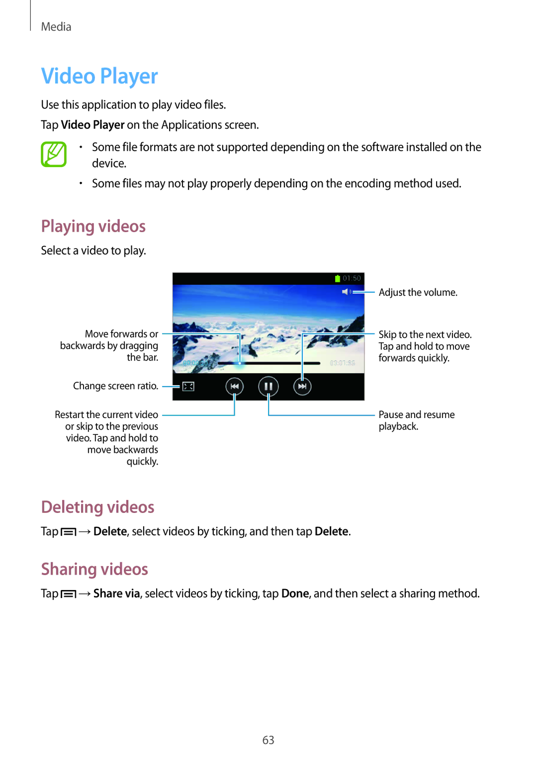 Samsung GT-S6790PWASER, GT-S6790ZWZSER manual Video Player, Deleting videos, Sharing videos, Select a video to play 