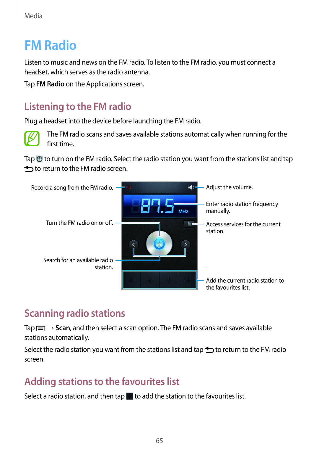 Samsung GT-S6790MKASER, GT-S6790PWASER, GT-S6790ZWZSER manual FM Radio, Listening to the FM radio, Scanning radio stations 