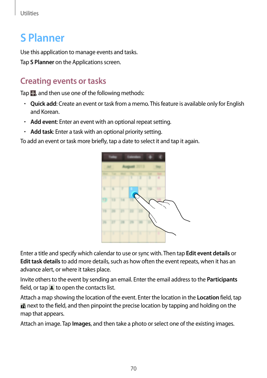Samsung GT-S6790ZWZSER, GT-S6790PWASER, GT-S6790MKASER manual Planner, Creating events or tasks 