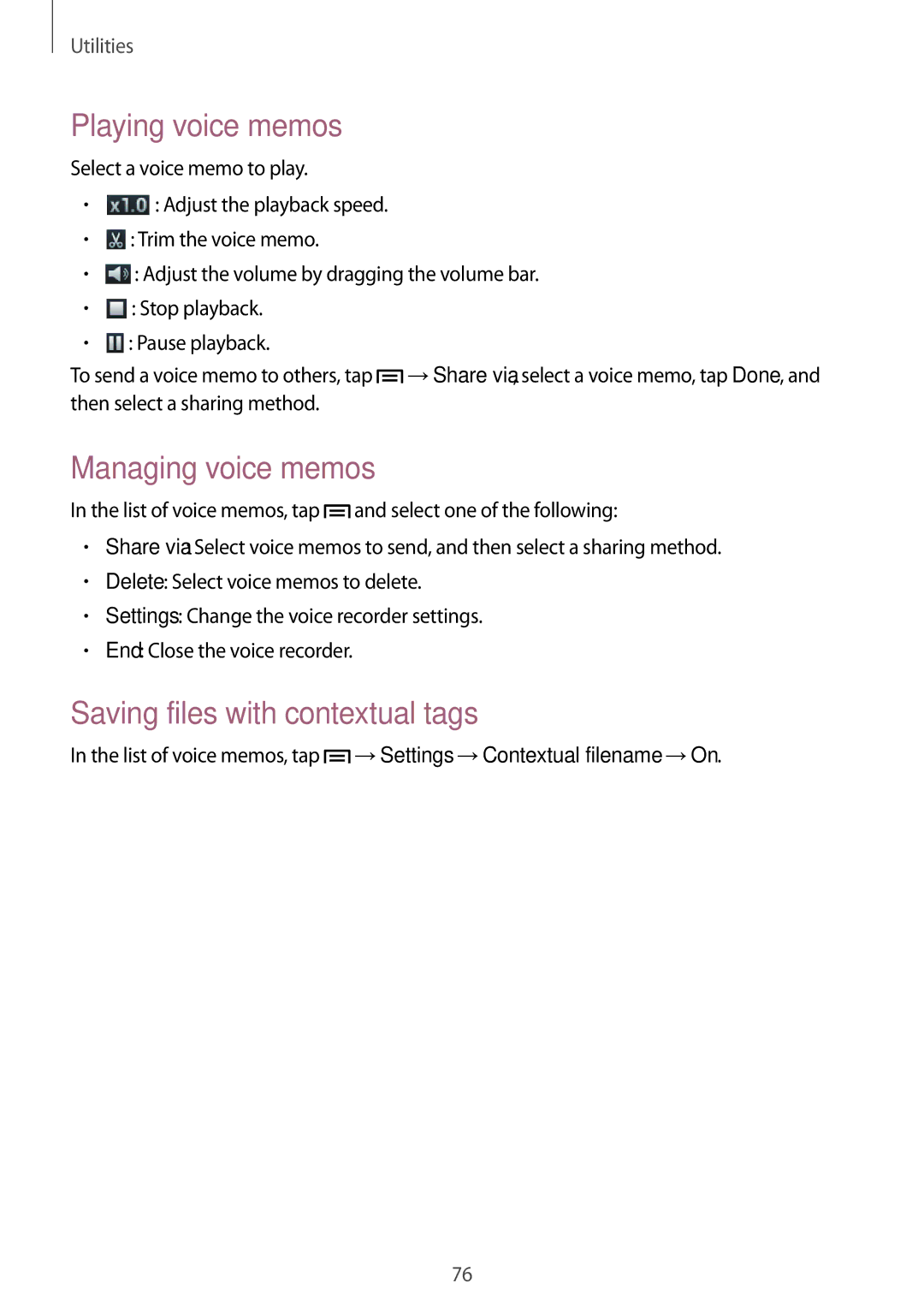 Samsung GT-S6790ZWZSER, GT-S6790PWASER manual Playing voice memos, Managing voice memos, Saving files with contextual tags 