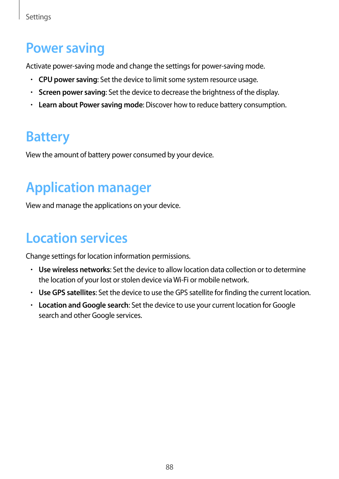 Samsung GT-S6790ZWZSER, GT-S6790PWASER, GT-S6790MKASER manual Power saving, Battery, Application manager, Location services 