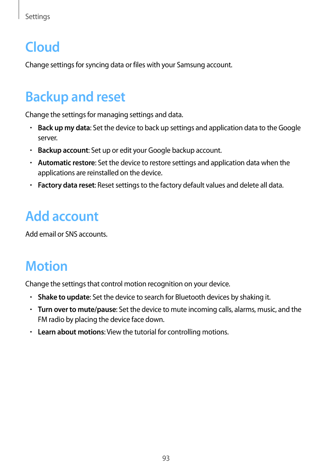 Samsung GT-S6790PWASER, GT-S6790ZWZSER, GT-S6790MKASER Backup and reset, Add account, Motion, Add email or SNS accounts 