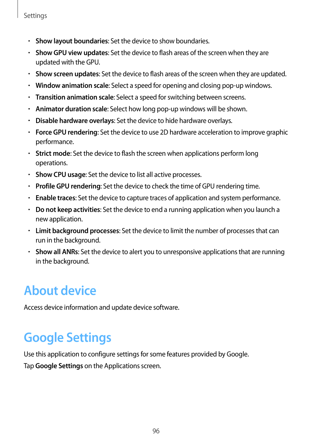 Samsung GT-S6790PWASER, GT-S6790ZWZSER About device, Google Settings, Access device information and update device software 