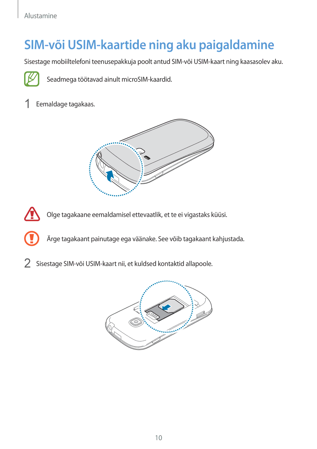 Samsung GT-S6790PWNSEB, GT-S6790ZWYSEB, GT-S6790MKNSEB manual SIM-või USIM-kaartide ning aku paigaldamine 