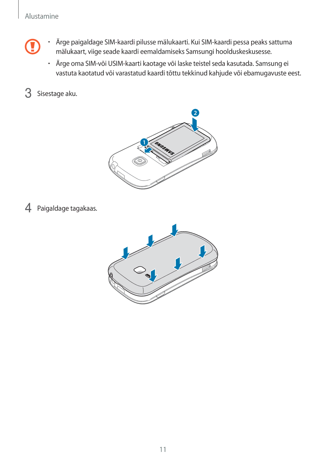 Samsung GT-S6790MKNSEB, GT-S6790ZWYSEB, GT-S6790PWNSEB manual Sisestage aku Paigaldage tagakaas 