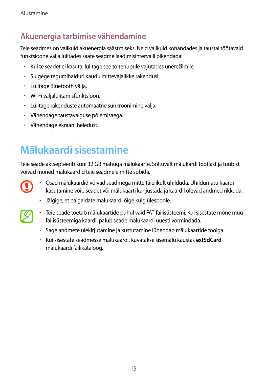 Samsung GT-S6790ZWYSEB, GT-S6790PWNSEB, GT-S6790MKNSEB manual Mälukaardi sisestamine, Akuenergia tarbimise vähendamine 