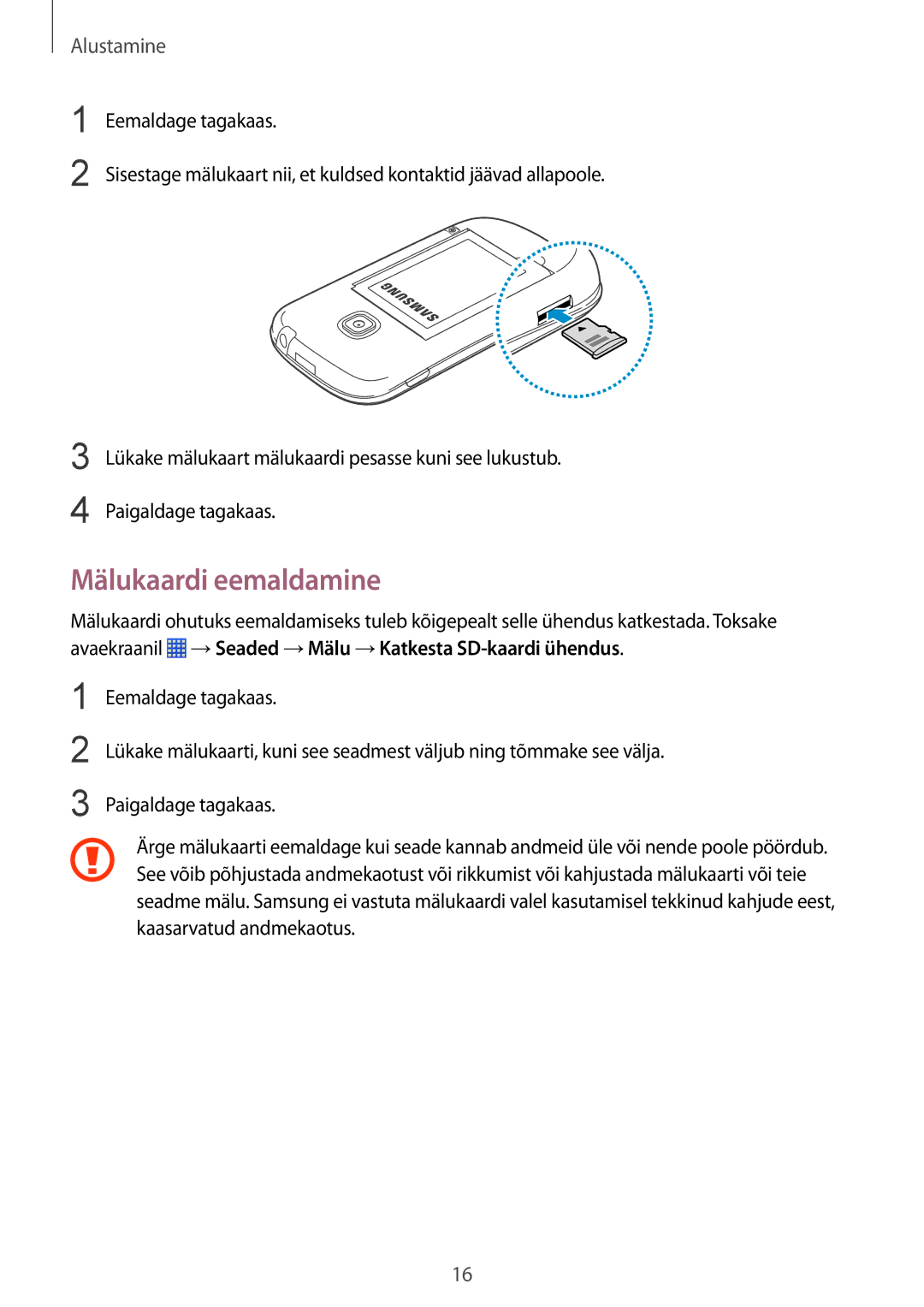 Samsung GT-S6790PWNSEB, GT-S6790ZWYSEB, GT-S6790MKNSEB manual Mälukaardi eemaldamine 