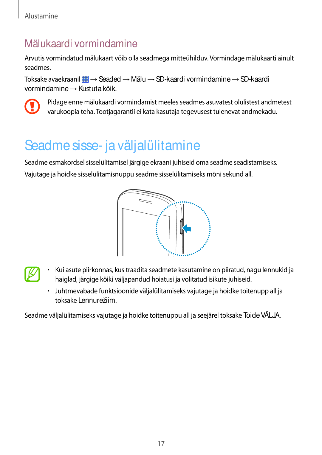 Samsung GT-S6790MKNSEB, GT-S6790ZWYSEB, GT-S6790PWNSEB manual Seadme sisse- ja väljalülitamine, Mälukaardi vormindamine 