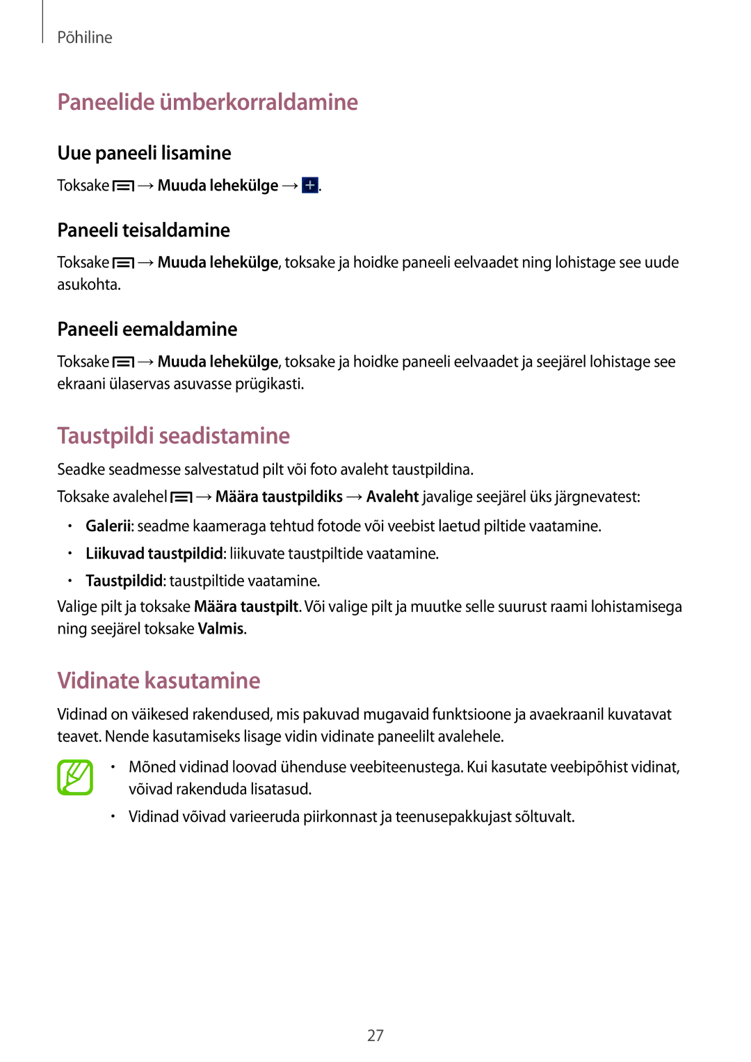 Samsung GT-S6790ZWYSEB, GT-S6790PWNSEB manual Paneelide ümberkorraldamine, Taustpildi seadistamine, Vidinate kasutamine 