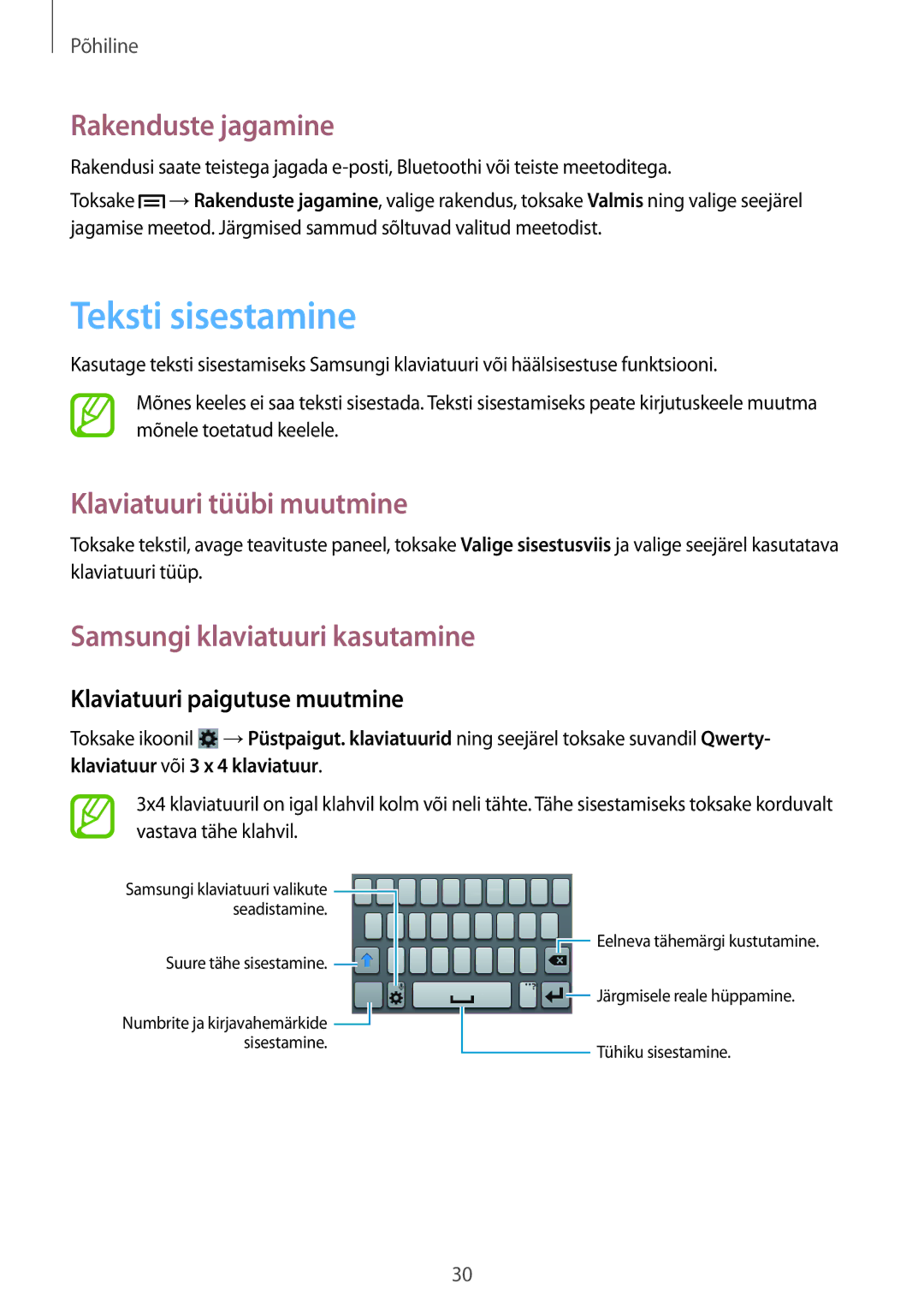 Samsung GT-S6790ZWYSEB Teksti sisestamine, Rakenduste jagamine, Klaviatuuri tüübi muutmine, Klaviatuuri paigutuse muutmine 