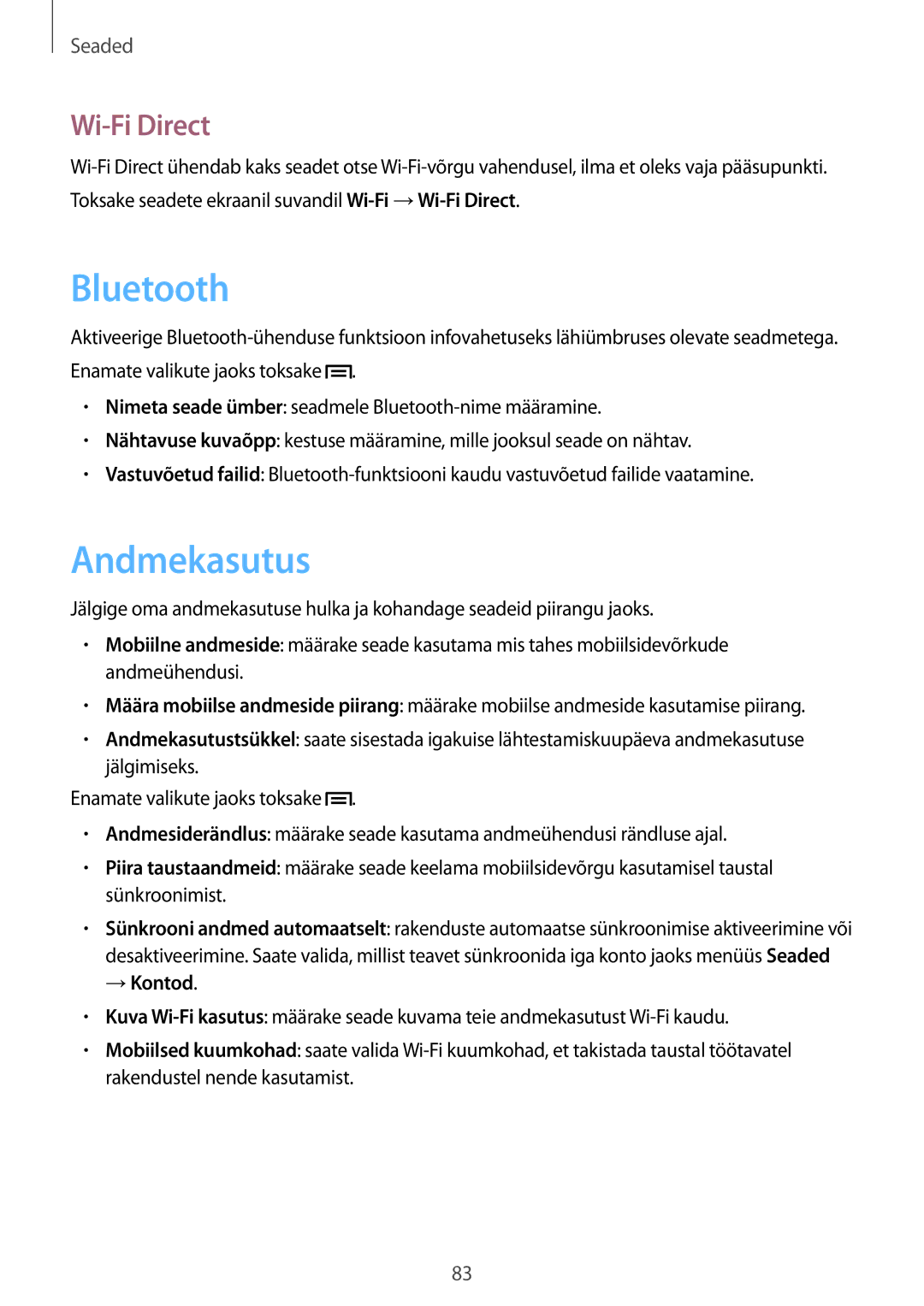 Samsung GT-S6790MKNSEB, GT-S6790ZWYSEB, GT-S6790PWNSEB manual Andmekasutus, Wi-Fi Direct, → Kontod 