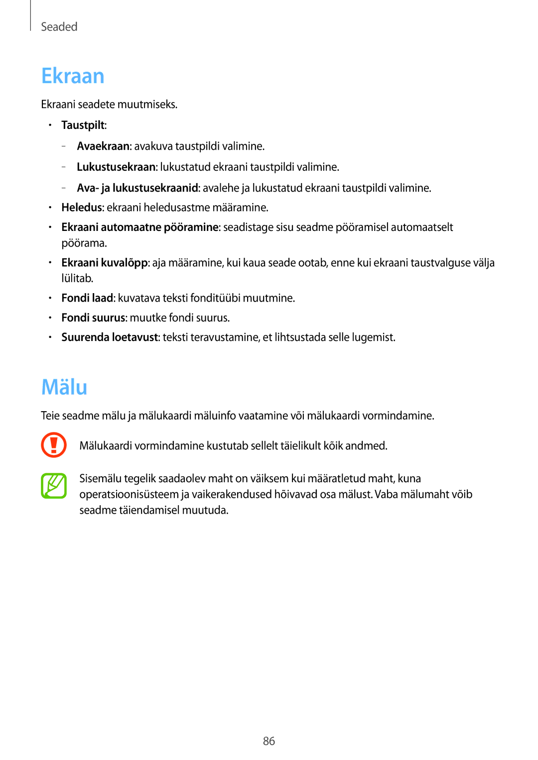 Samsung GT-S6790MKNSEB, GT-S6790ZWYSEB, GT-S6790PWNSEB manual Mälu, Ekraani seadete muutmiseks, Taustpilt 