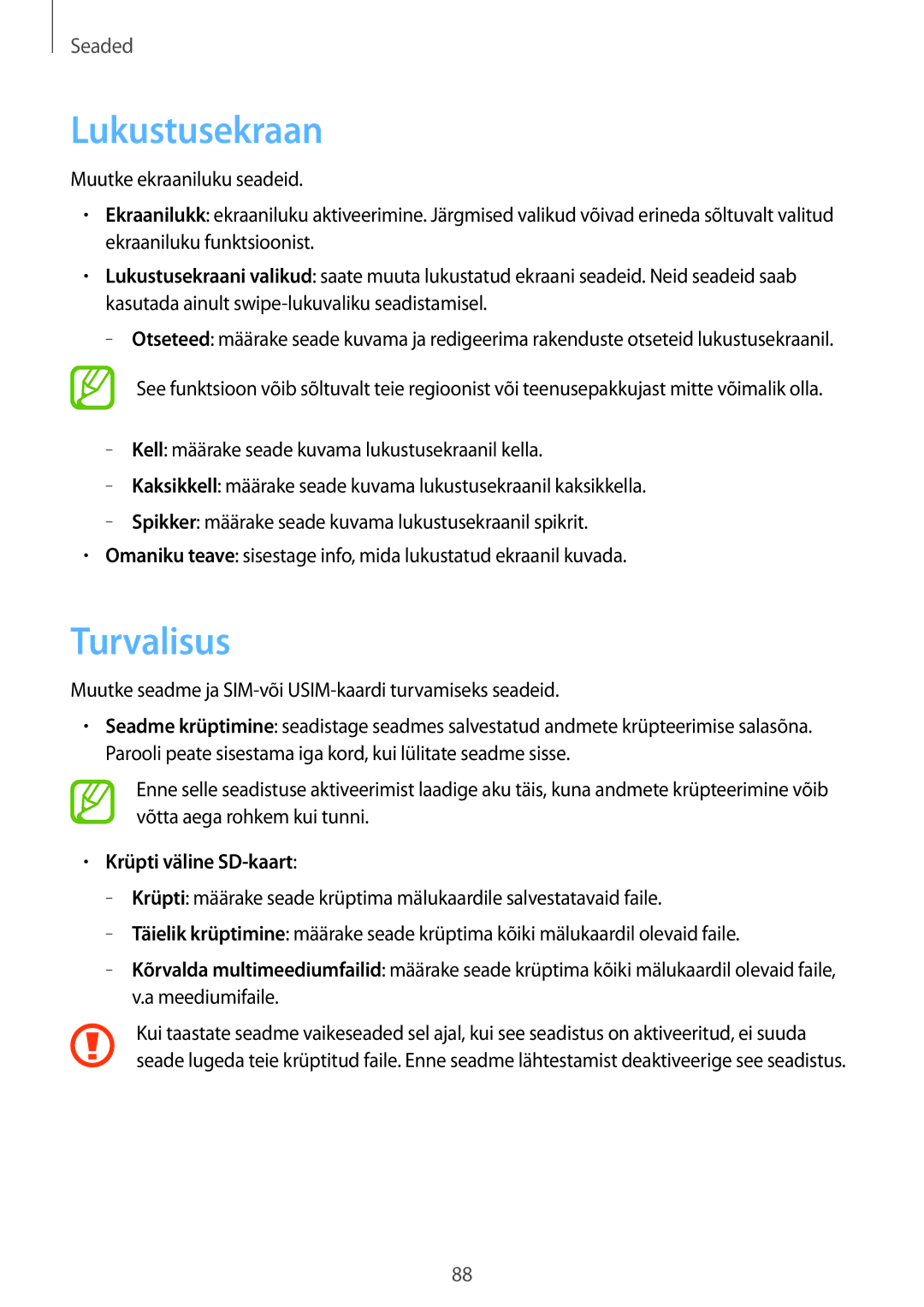 Samsung GT-S6790PWNSEB manual Lukustusekraan, Turvalisus, Muutke seadme ja SIM-või USIM-kaardi turvamiseks seadeid 