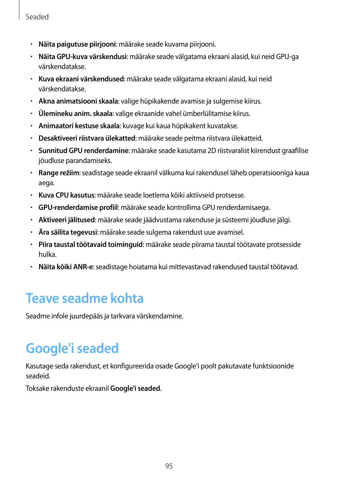 Samsung GT-S6790MKNSEB manual Teave seadme kohta, Googlei seaded, Seadme infole juurdepääs ja tarkvara värskendamine 