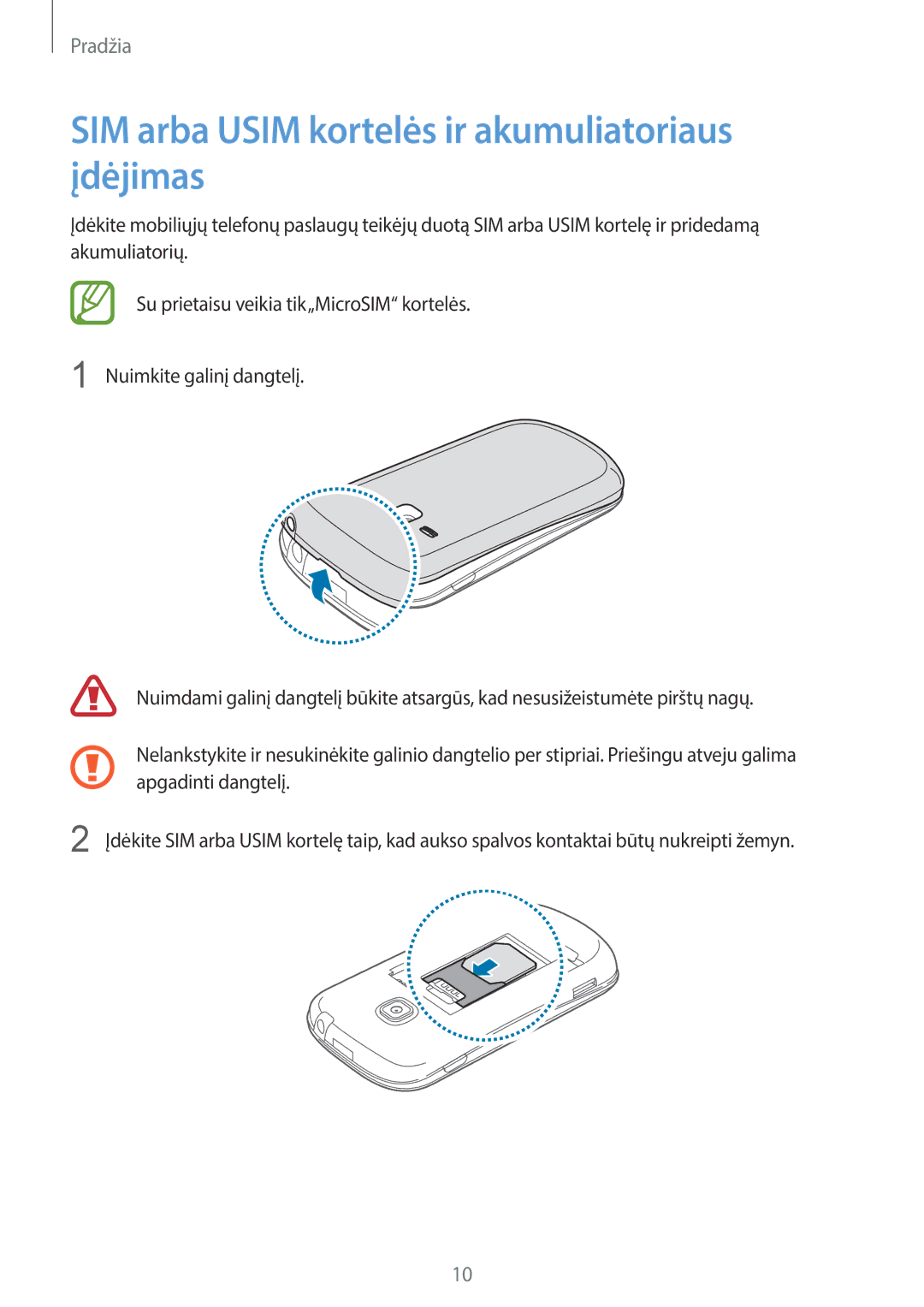 Samsung GT-S6790PWNSEB, GT-S6790ZWYSEB, GT-S6790MKNSEB manual SIM arba Usim kortelės ir akumuliatoriaus įdėjimas 