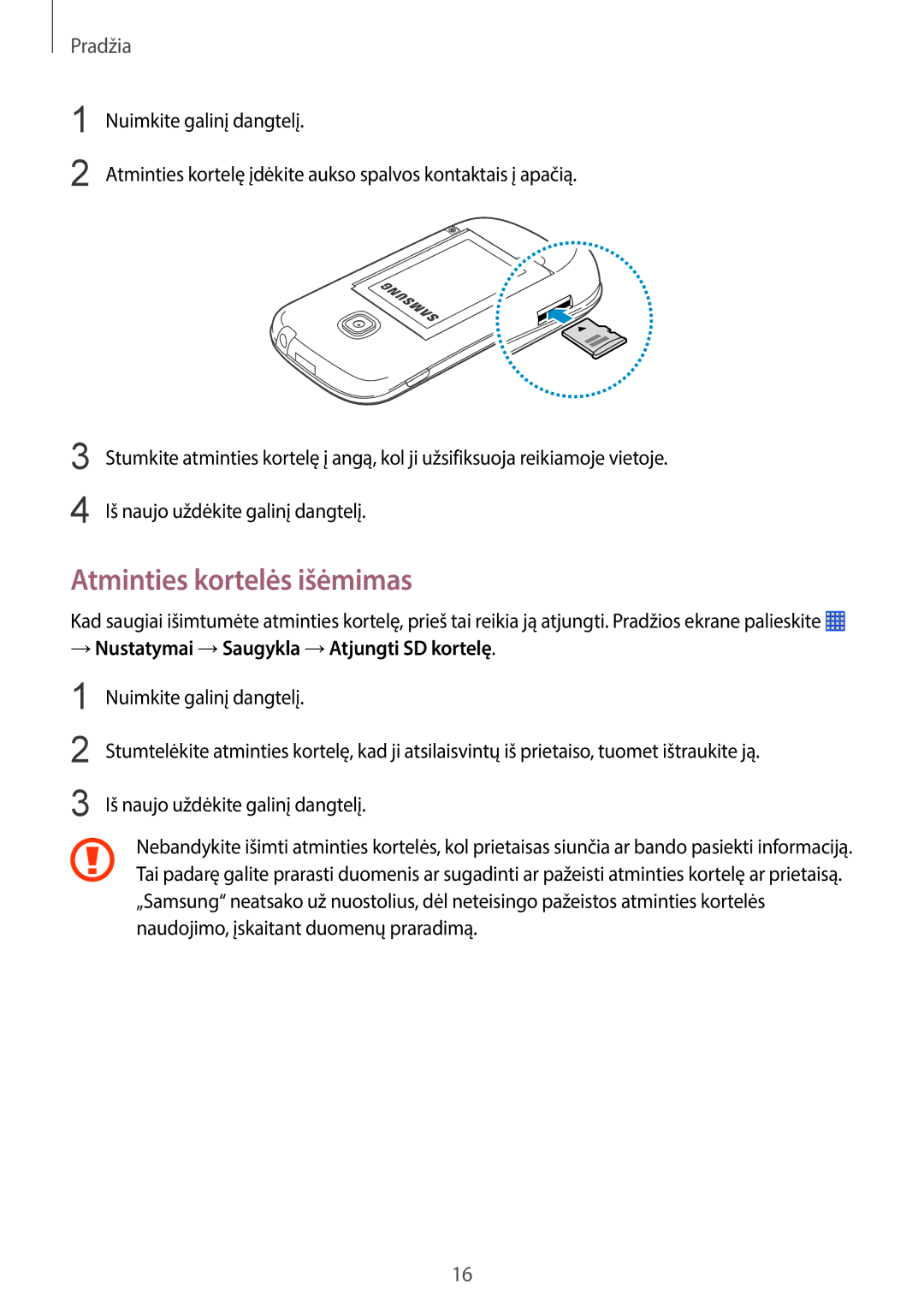 Samsung GT-S6790PWNSEB, GT-S6790ZWYSEB manual Atminties kortelės išėmimas, → Nustatymai →Saugykla →Atjungti SD kortelę 