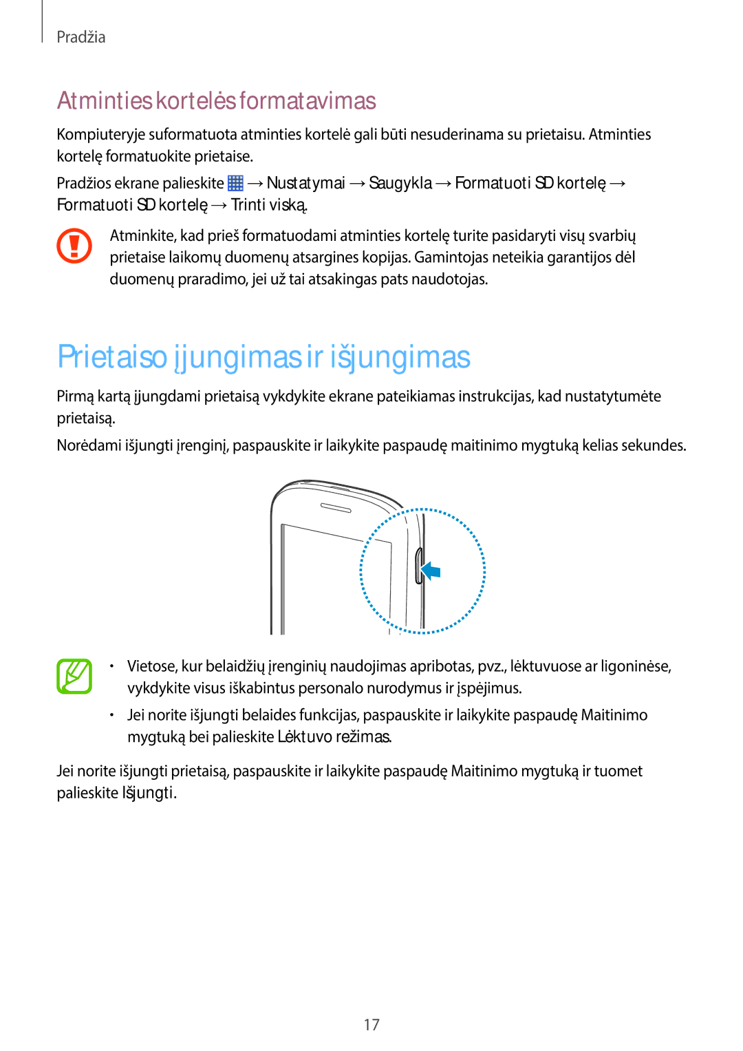 Samsung GT-S6790MKNSEB, GT-S6790ZWYSEB, GT-S6790PWNSEB Prietaiso įjungimas ir išjungimas, Atminties kortelės formatavimas 