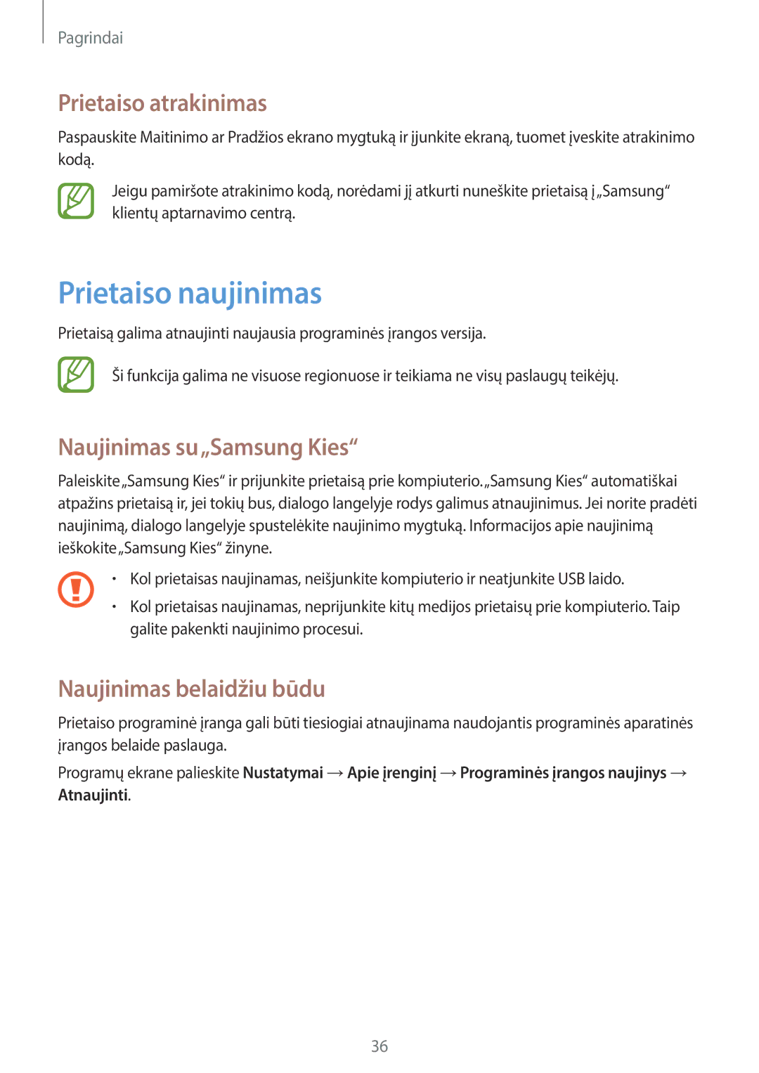 Samsung GT-S6790ZWYSEB Prietaiso naujinimas, Prietaiso atrakinimas, Naujinimas su„Samsung Kies, Naujinimas belaidžiu būdu 