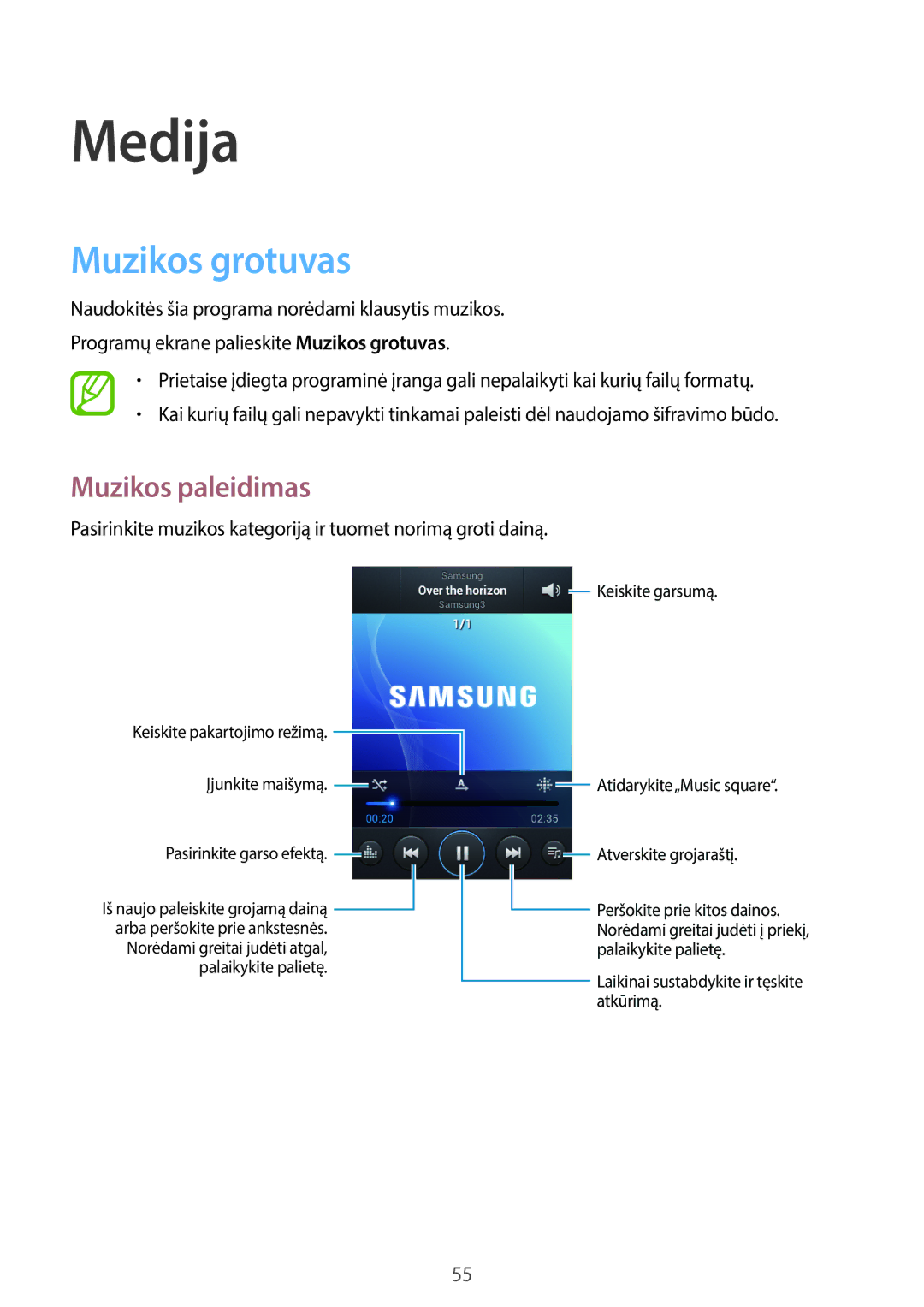 Samsung GT-S6790PWNSEB, GT-S6790ZWYSEB, GT-S6790MKNSEB manual Medija, Muzikos grotuvas, Muzikos paleidimas 