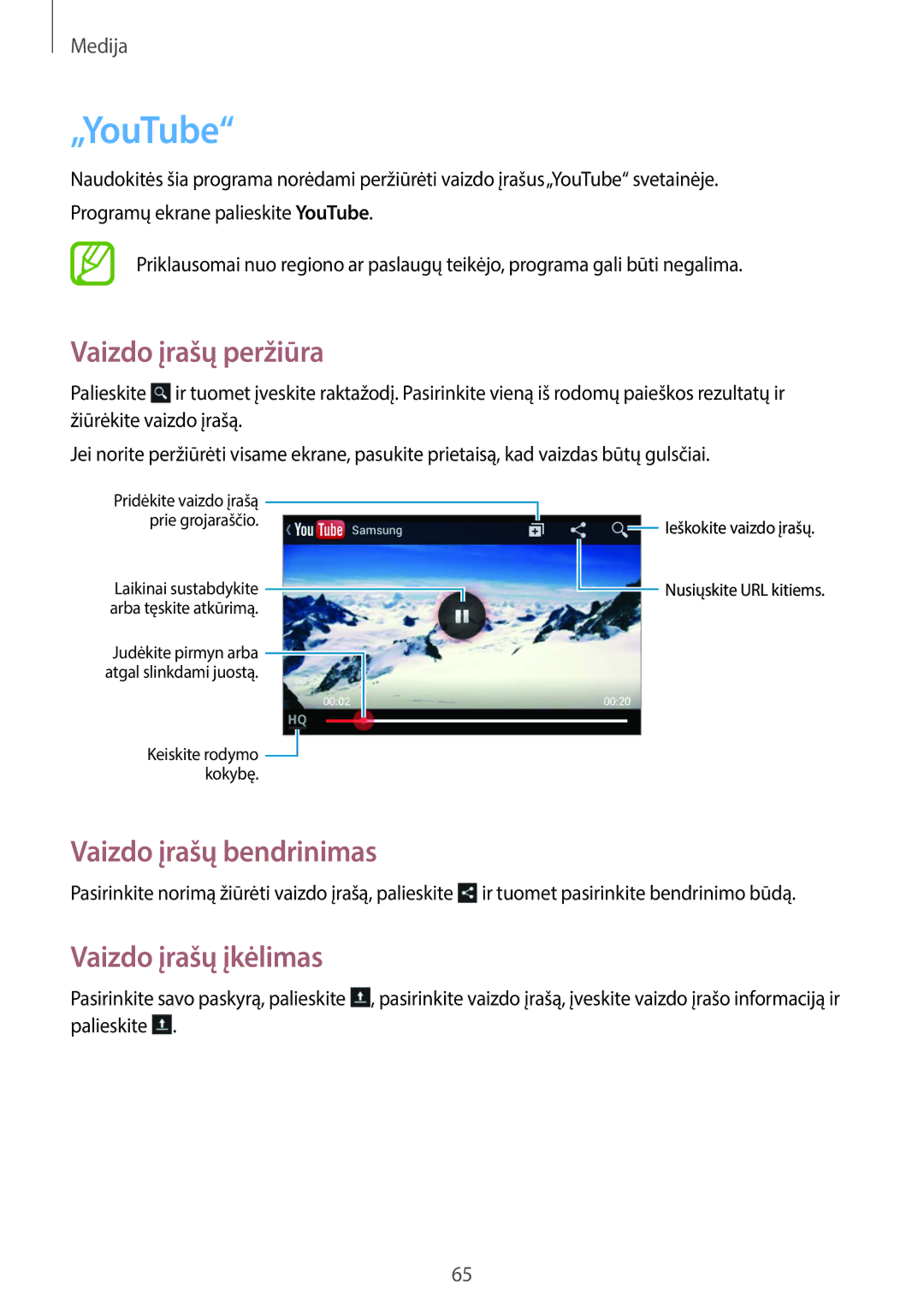 Samsung GT-S6790MKNSEB, GT-S6790ZWYSEB, GT-S6790PWNSEB manual „YouTube, Vaizdo įrašų peržiūra, Vaizdo įrašų įkėlimas 