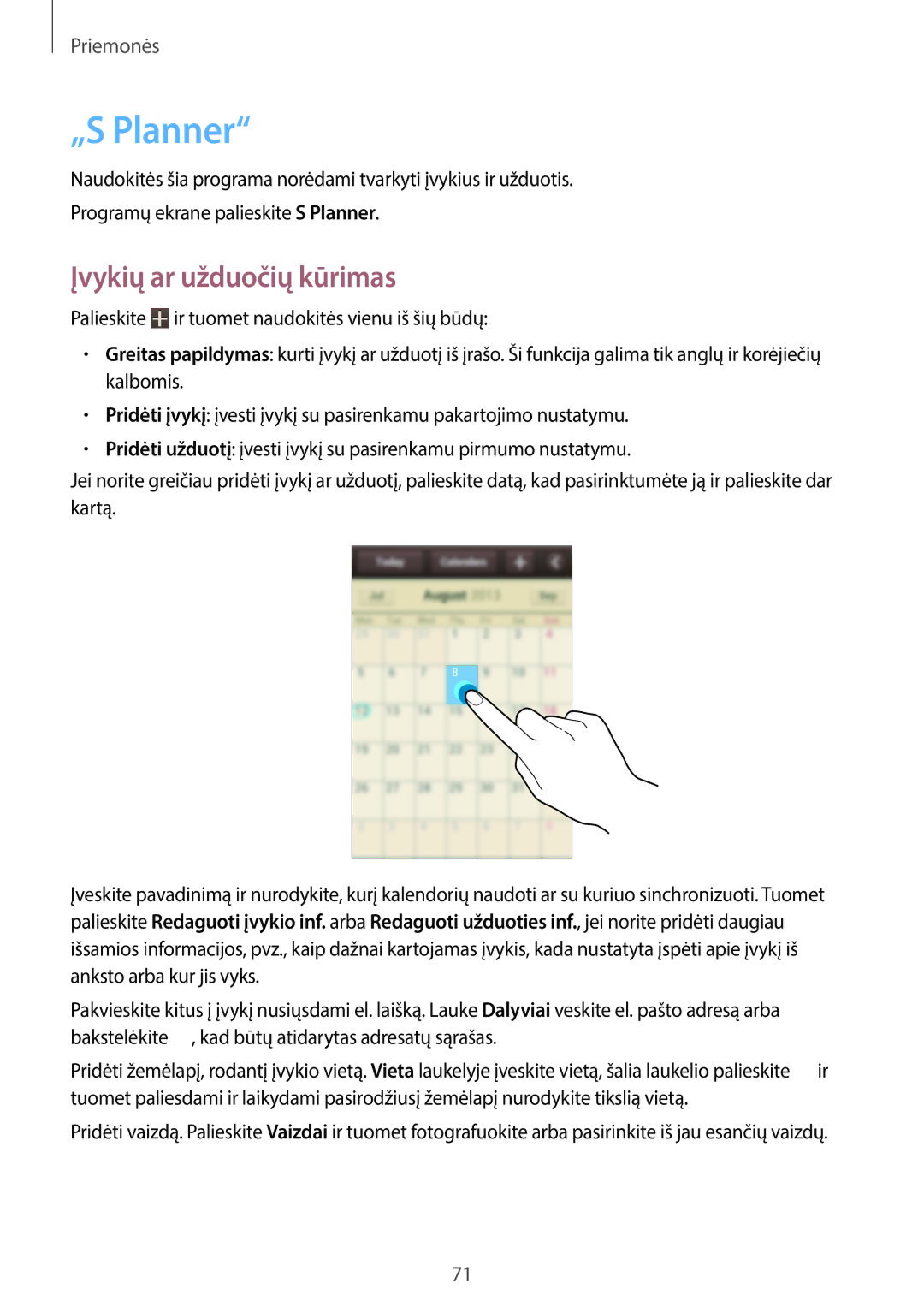 Samsung GT-S6790MKNSEB, GT-S6790ZWYSEB, GT-S6790PWNSEB manual „S Planner, Įvykių ar užduočių kūrimas 