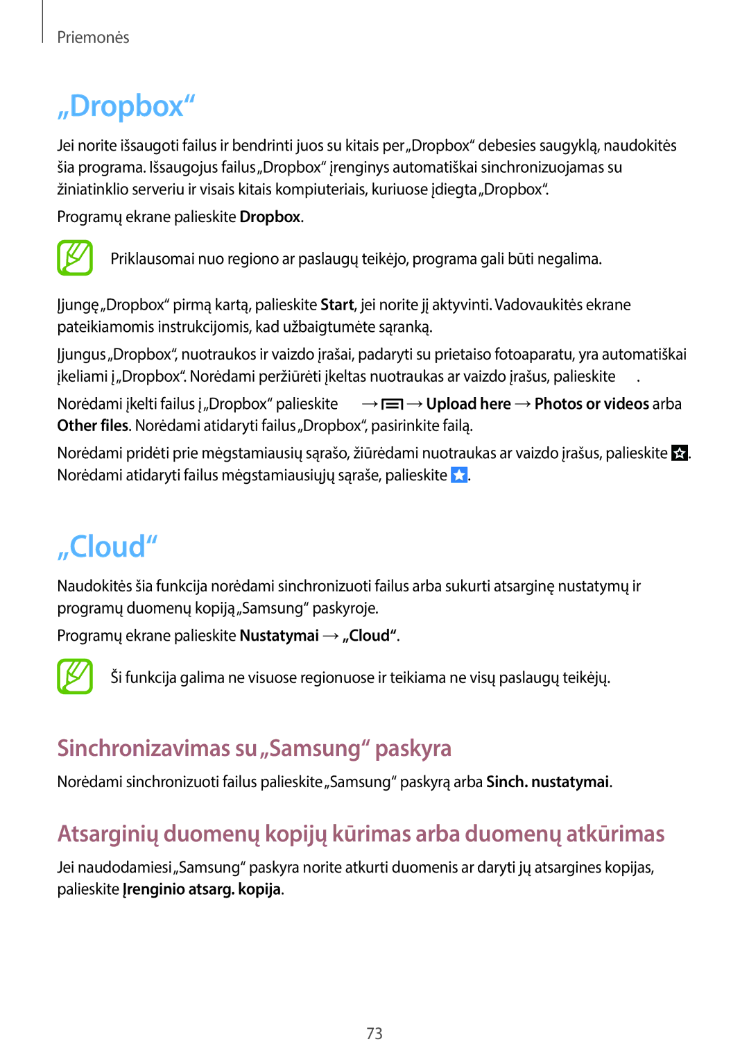 Samsung GT-S6790PWNSEB, GT-S6790ZWYSEB, GT-S6790MKNSEB manual „Dropbox, „Cloud, Sinchronizavimas su„Samsung paskyra 