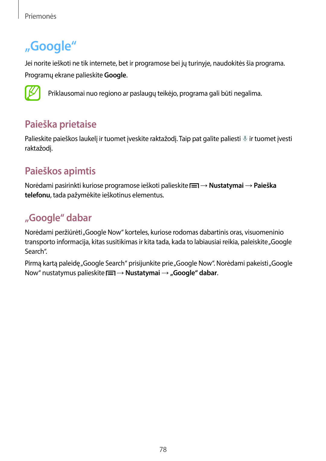 Samsung GT-S6790ZWYSEB, GT-S6790PWNSEB, GT-S6790MKNSEB manual Paieška prietaise, Paieškos apimtis, „Google dabar 