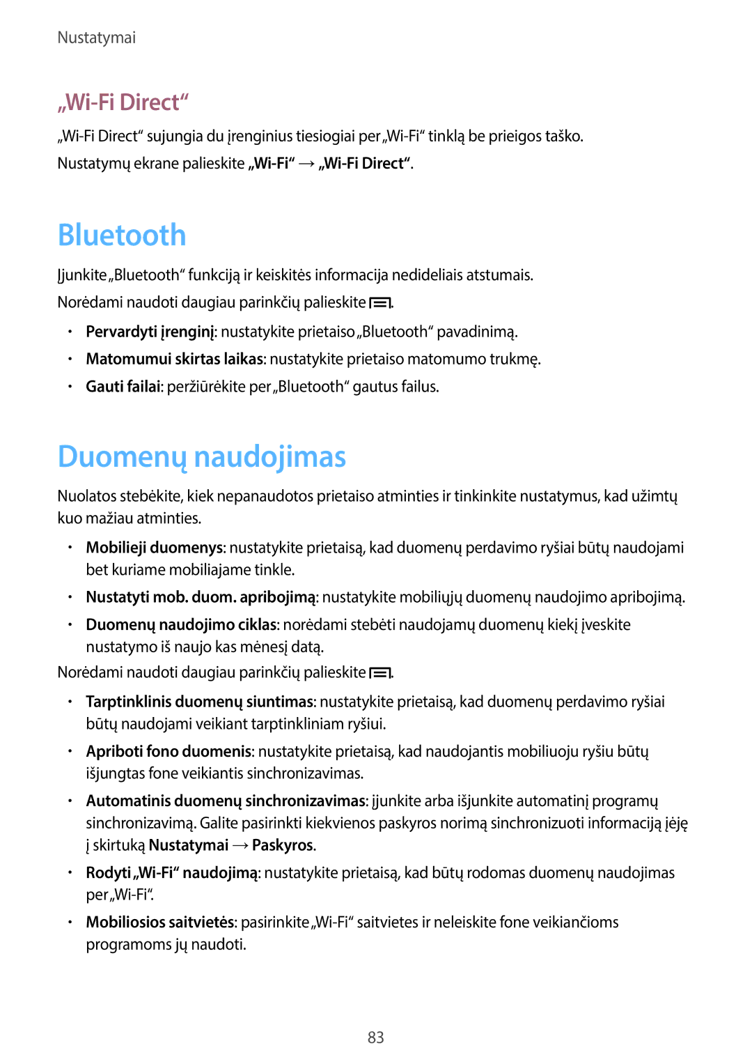 Samsung GT-S6790MKNSEB, GT-S6790ZWYSEB, GT-S6790PWNSEB manual Bluetooth, Duomenų naudojimas, „Wi-Fi Direct 