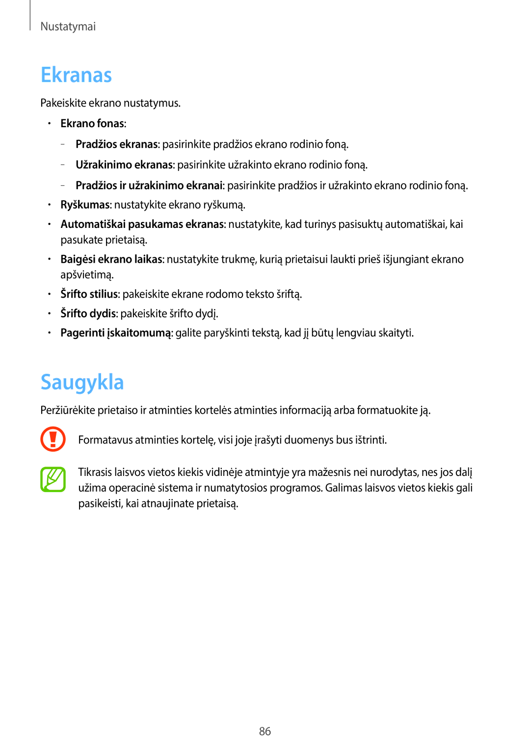 Samsung GT-S6790MKNSEB, GT-S6790ZWYSEB, GT-S6790PWNSEB manual Ekranas, Saugykla, Pakeiskite ekrano nustatymus, Ekrano fonas 