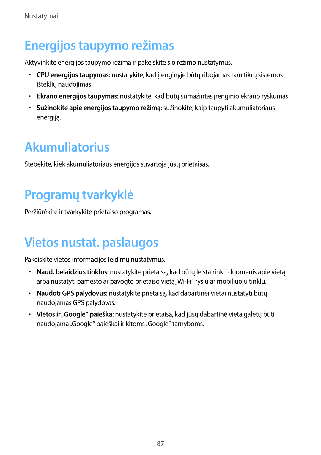 Samsung GT-S6790ZWYSEB manual Energijos taupymo režimas, Akumuliatorius, Programų tvarkyklė, Vietos nustat. paslaugos 