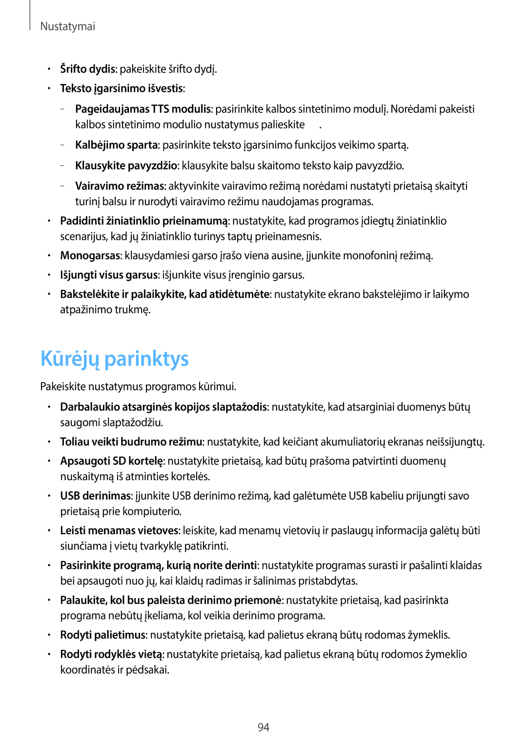 Samsung GT-S6790PWNSEB manual Kūrėjų parinktys, Teksto įgarsinimo išvestis, Pakeiskite nustatymus programos kūrimui 