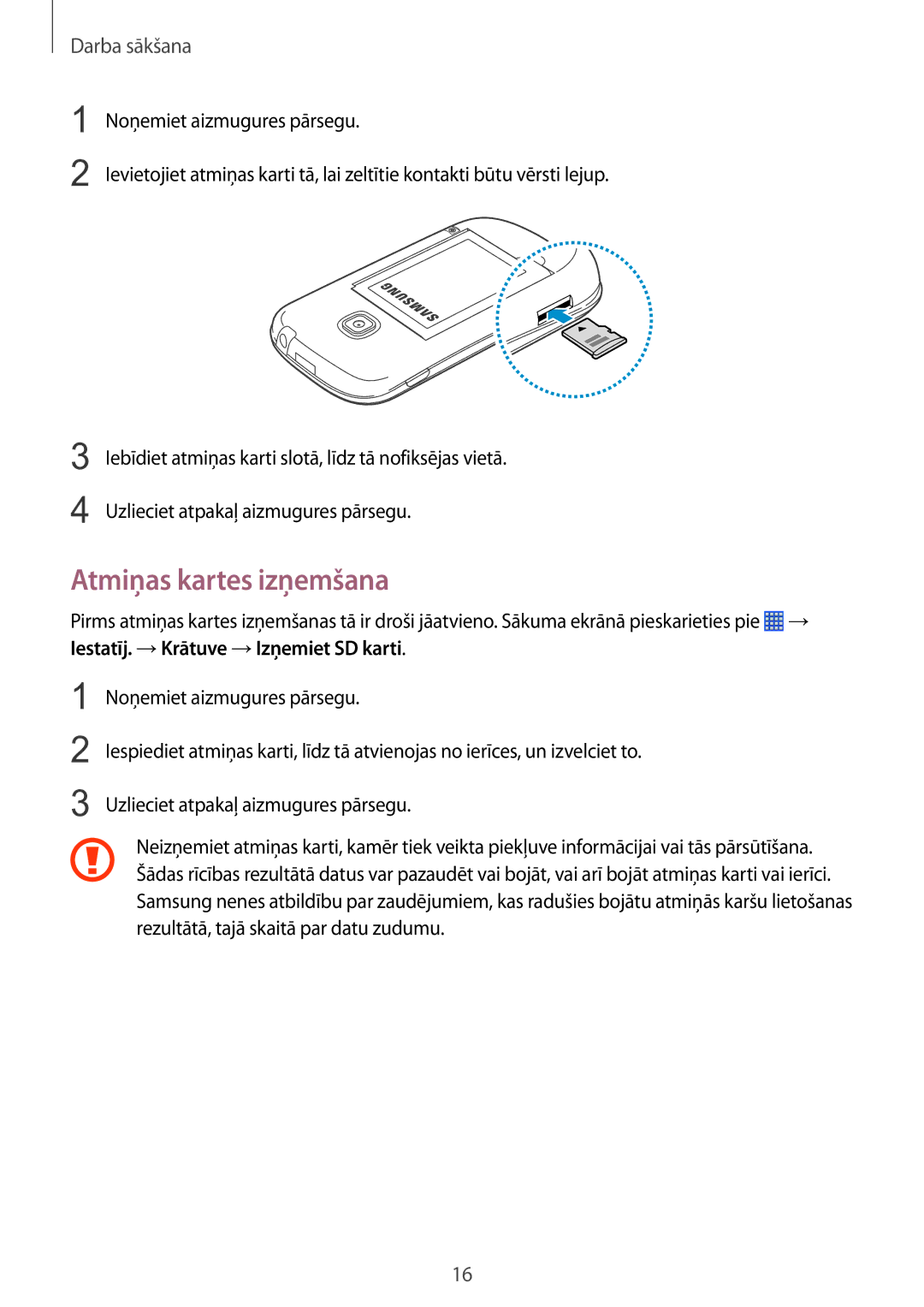 Samsung GT-S6790PWNSEB, GT-S6790ZWYSEB, GT-S6790MKNSEB manual Atmiņas kartes izņemšana 