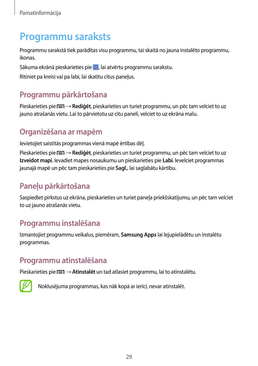 Samsung GT-S6790MKNSEB manual Programmu saraksts, Programmu pārkārtošana, Organizēšana ar mapēm, Programmu instalēšana 